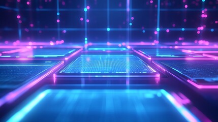 Poster - Futuristic Technology Background with Glowing Holographic Screens and Deep Blue Tones