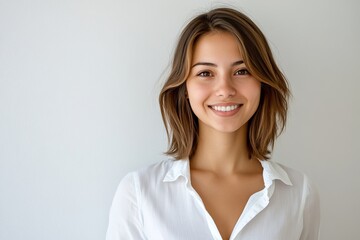 Wall Mural - Beautiful woman poses in studio with a happy smile on her face, isolated on white background