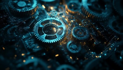 Poster - High-Tech Abstract Background with Interconnected Gears and Cool-Toned Lighting