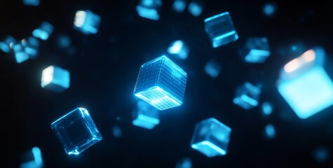 Poster - Glowing Blue Cubes Floating Against Dark Background