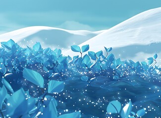 Poster - Blue Plants with Snow Mountains in the Background