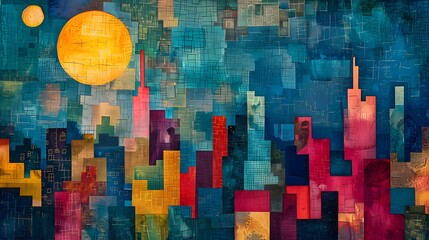 Poster - Abstract Cityscape with Sun and Moon.