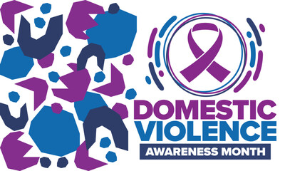 Domestic Violence Awareness Month in October. Celebrate annual in United States. Awareness purple ribbon. Day of Unity. Prevention campaign. Stop women abuse. Poster, banner and background. Vector