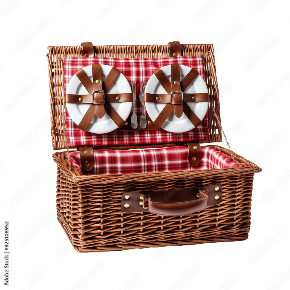 Wicker picnic basket for two with plates, cutlery, and checkered cloth ...