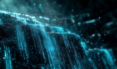 Poster - Futuristic Technology Background with Flowing Binary Code Cascading Over a Dark Landscape