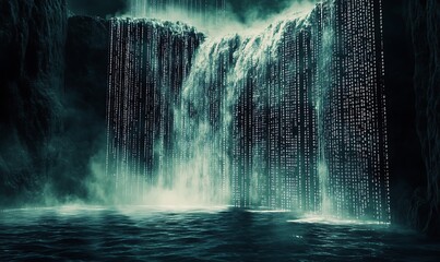Poster - Futuristic Technology Background with Flowing Binary Code Cascading Over a Dark Landscape