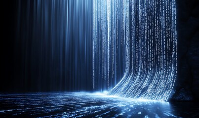 Poster - Futuristic Technology Background with Flowing Binary Code Cascading Over a Dark Landscape