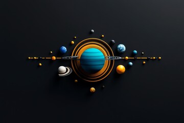 Poster - A minimalist solar system illustration with planets and rings against a black background.