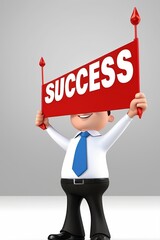 Wall Mural - 3D cartoon character holding a “Success” banner overhead. Made with generative AI technology