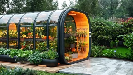 Aufkleber - A sleek greenhouse filled with various plants, illuminated warmly as it sits among a vibrant, blooming garden.
