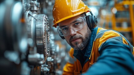 Poster - An industrial worker inspects machinery with focus and precision, showcasing expertise in a vibrant factory filled with activity and innovation