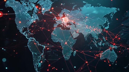 Poster - A world map illustrates navigation pathways and data links, showcasing interconnected regions with bright network patterns.