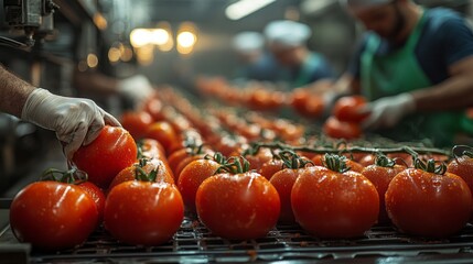 Poster - Harvest workers focus on sorting vibrant tomatoes, ensuring quality and freshness in a lively agricultural environment