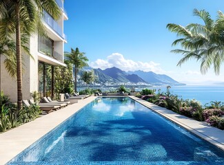 Wall Mural - Luxury Pool With Stunning Ocean And Mountain Views