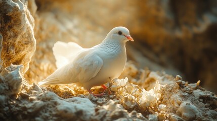 Poster - A white bird stands elegantly on rocky terrain, basking in warm, golden sunlight that highlights its delicate features