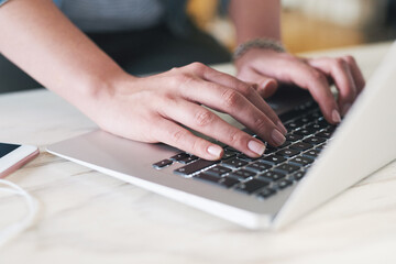 Poster - Laptop, hands and person typing email for communication with client for feedback on creative report. Tech, keyboard and public relations manager with fingers on branding technique for small business.