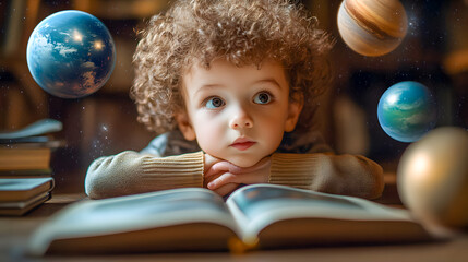 Curious young boy deeply immersed in books and captivated by the mysteries of the universe showcasing his innate thirst for knowledge and