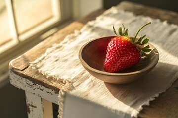 Wall Mural - strawberry in wooden bowl and on a table