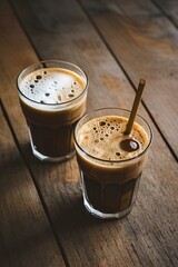 Wall Mural - Two glasses of iced coffee on wooden background