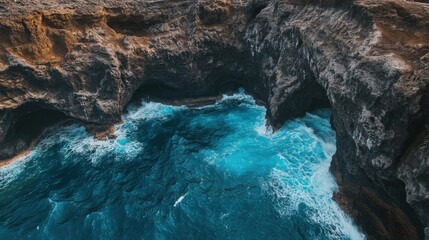 Wall Mural - Waves crash against the rocky cliffs, revealing hidden sea caves along a magnificent coastline under bright daylight