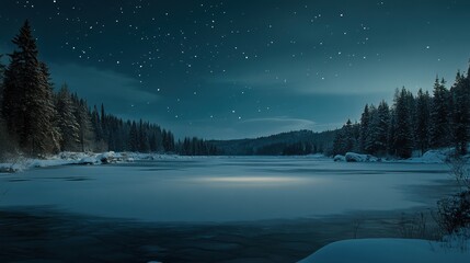 Canvas Print - A lake with a lot of snow and trees in the background, AI