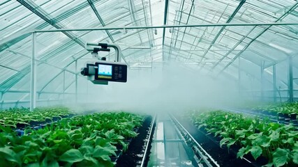 Poster - An advanced irrigation system sprays a fine mist over rows of healthy plants inside a high-tech greenhouse during early morning.