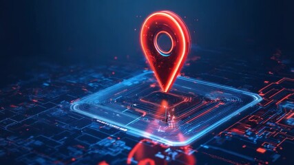 Poster - A navigation marker highlighted in red hovers over a glowing blue digital grid, symbolizing location tracking and technological interfaces.