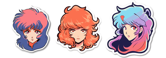 Poster - Sticker set with various female cartoon characters with colorful hair. Collection of cute anime girls on a white background.