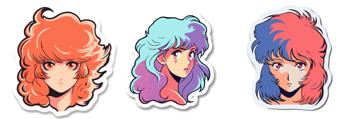 Poster - Sticker set with various female cartoon characters with colorful hair. Collection of cute anime girls on a white background.