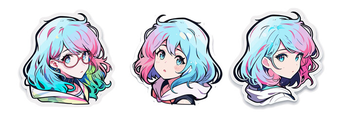 Poster - Sticker set with various female cartoon characters with colorful hair. Collection of cute anime girls on a white background.