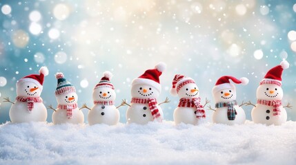 Poster - A group of snowmen in hats and scarves standing next to each other, AI