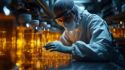 Poster - A focused researcher inspects bottles of amber liquid under fluorescent lights in a modern lab, ensuring meticulous analysis and precision