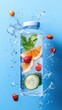 © Vee - Refreshing infused water with fruits and herbs, featuring orange, cucumber, raspberry, and mint, splashing against a vibrant background.
