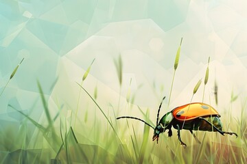 Wall Mural - Fire Beetle in Polygonal Meadow Landscape