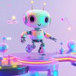 © ProStockGallery - Cute Holographic Robot Walking on Futuristic Platform 3D Illustration.