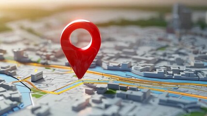 Poster - A red marker is positioned on a city map, emphasizing a chosen location as sunlight begins to illuminate the area.