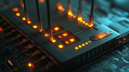 Poster - Close-up of a network router with glowing lights, representing data transfer