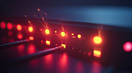 Poster - Close-up of a network router with glowing lights, representing data transfer