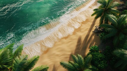 Wall Mural - Gentle waves lap against the golden shore, surrounded by vibrant palm trees under a clear sky, creating a peaceful coastal atmosphere