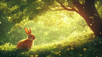 Canvas Print - A rabbit sitting in a field under the shade of a tree, AI