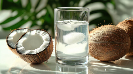 Sticker - Glass of coconut water and surrounded by fresh coconuts, product photography