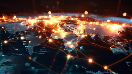 Poster - An illuminated digital representation of the world showcasing interconnected networks and data flow across continents.