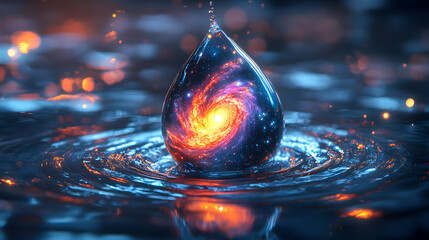 Poster - Mesmerizing image of a single water drop creating a dynamic swirling vortex pattern on the surface with captivating prismatic and fiery abstract reflections shimmering through the liquid