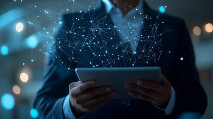 Poster - business professional using tablet with digital network overlays in an office setting during the eve