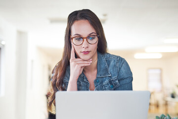 Canvas Print - Woman, thinking and laptop as management, employee and designer for digital agency. Female person, technology and planning with ideas, project and portfolio for creativity, career and online business