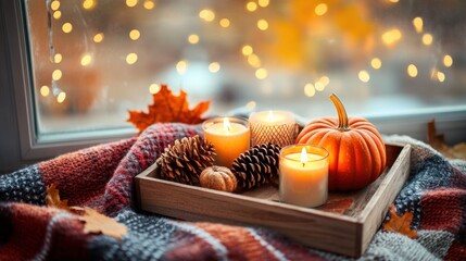 Wall Mural - A candle and pumpkin on a tray with pine cones, AI