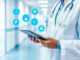 Doctor using tablet with health icons in a modern hospital corridor, symbolizing technology in healthcare and digital innovation.