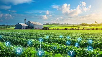 Wall Mural - Modern farm with a network of IoT devices for monitoring and management.