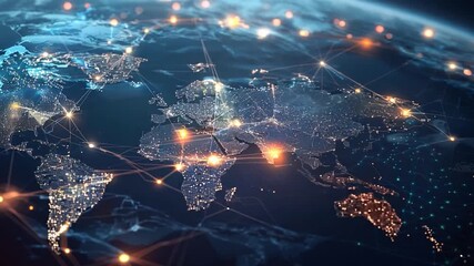 Poster - The image displays a digital map of the world at night, highlighting interconnected cities and bright data pathways across continents.
