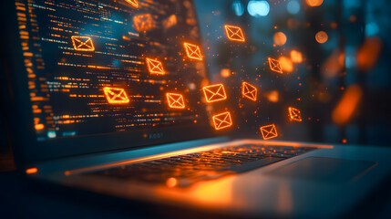 Poster - Glowing email notification icons swirling on laptop screen in a digital technology environment representing communication connectivity and digital transformation in the modern business landscape